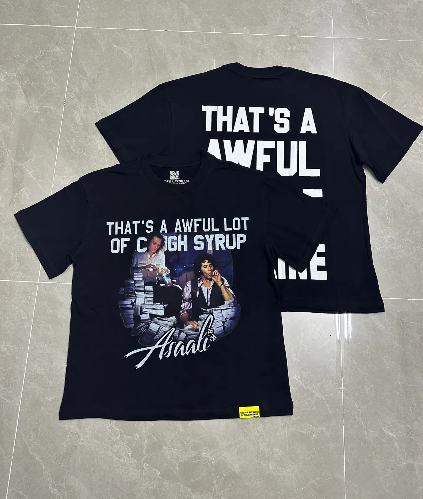 2206# Active Black (white ink direct injection) | THAT'S A AWFUL LOT OF COUGH SYRUP In Stock Real shot American simple fashion brand loose casual T-shirt Fabric (fabric): 32 counts Weight combed double yarn pure cotton Sizes (size): S-M L X L Color (colour): Active Black